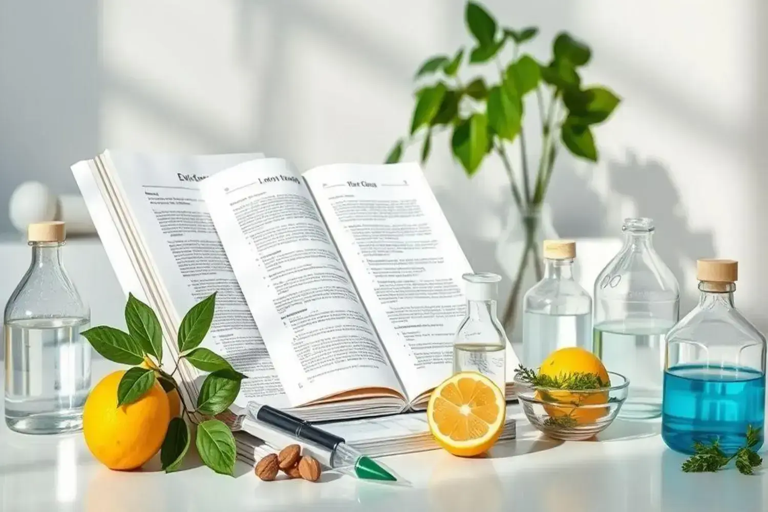 Mesa con un libro abierto sobre dietas detox, acompañado de botellas de vidrio, rodajas de limón y naranja, almendras, y hojas verdes.