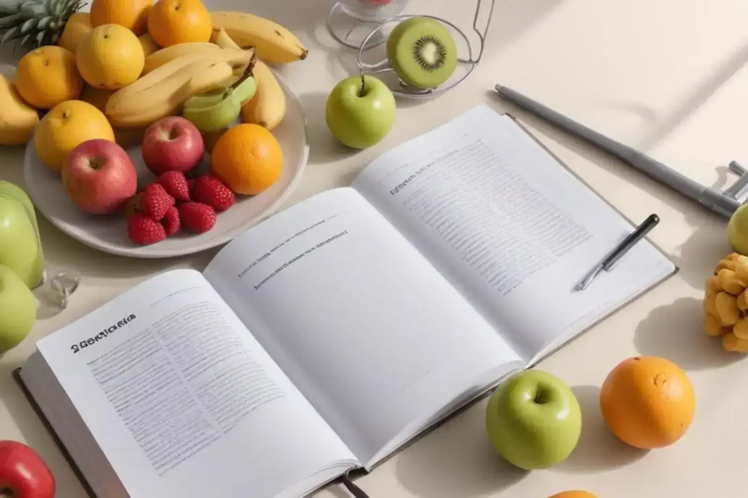 Mesa con una colorida variedad de frutas frescas como plátanos amarillos, manzanas rojas y verdes, y frambuesas, junto a un libro abierto sobre hábitos para bajar de peso en casa.