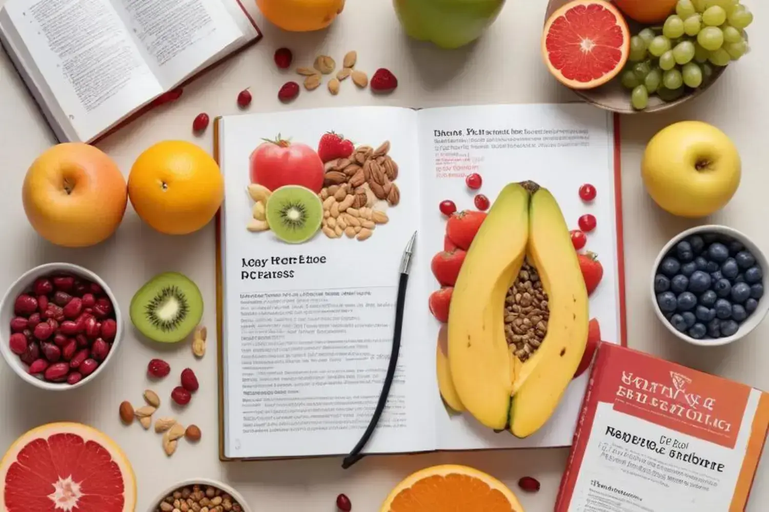 Varias frutas y nueces están rodeando un libro abierto sobre alimentos para la presion alta. Hay plátano, tomate, kiwis y más.