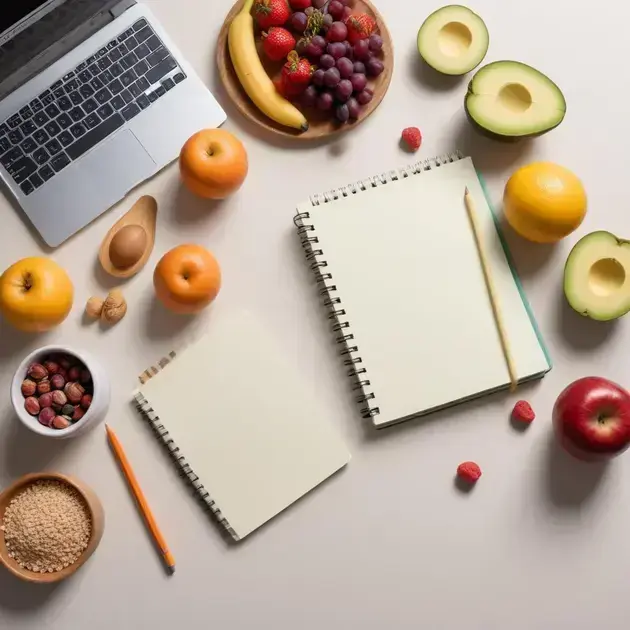Mesa con frutas frescas como plátano, fresas y uvas, dos cuadernos en espiral y una laptop gris. Incluye la frase 