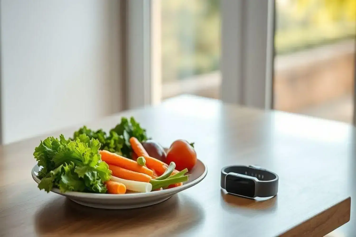 Plato blanco con una variedad de verduras frescas, incluyendo lechuga verde brillante, zanahorias naranjas y tomate rojo, junto a un reloj de actividad negro, todo sobre una mesa de madera clara. Por