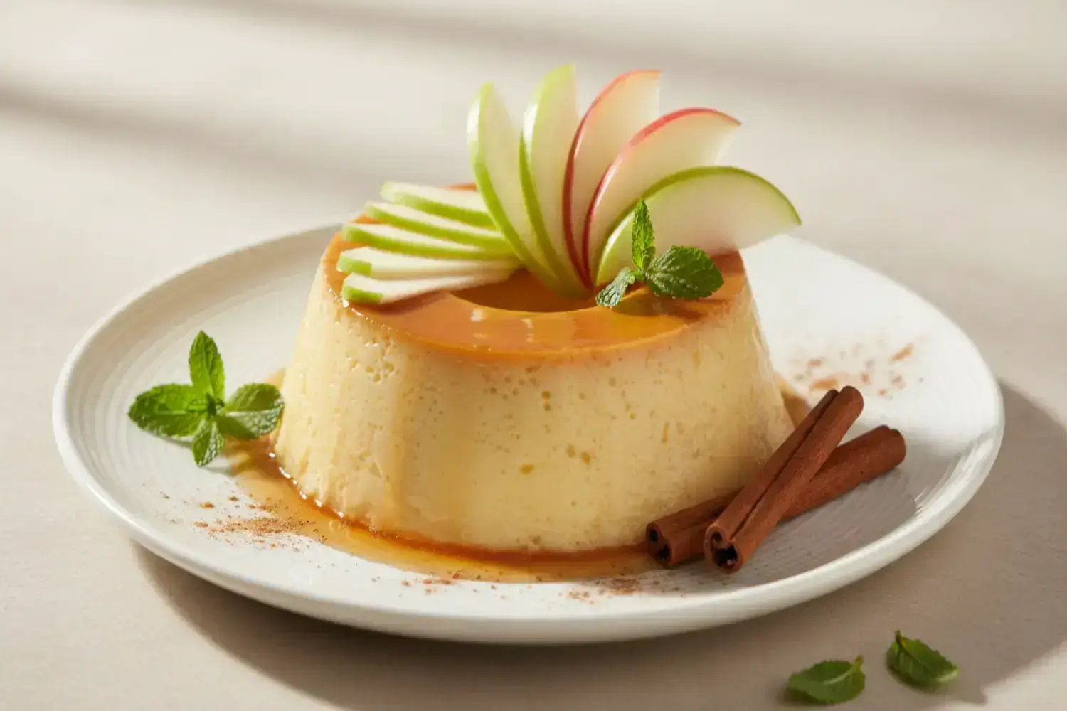 Delicioso flan de yogur en un plato blanco, cubierto con caramelo dorado y rodajas de manzana verde, decorado con hojas de menta fresca.