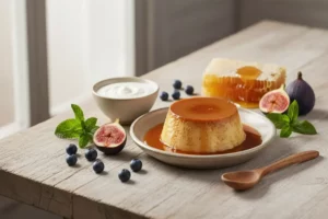 Delicioso flan de yogur en un plato beige, bañado en caramelo dorado, rodeado de higos frescos, arándanos y menta en una mesa de madera clara.