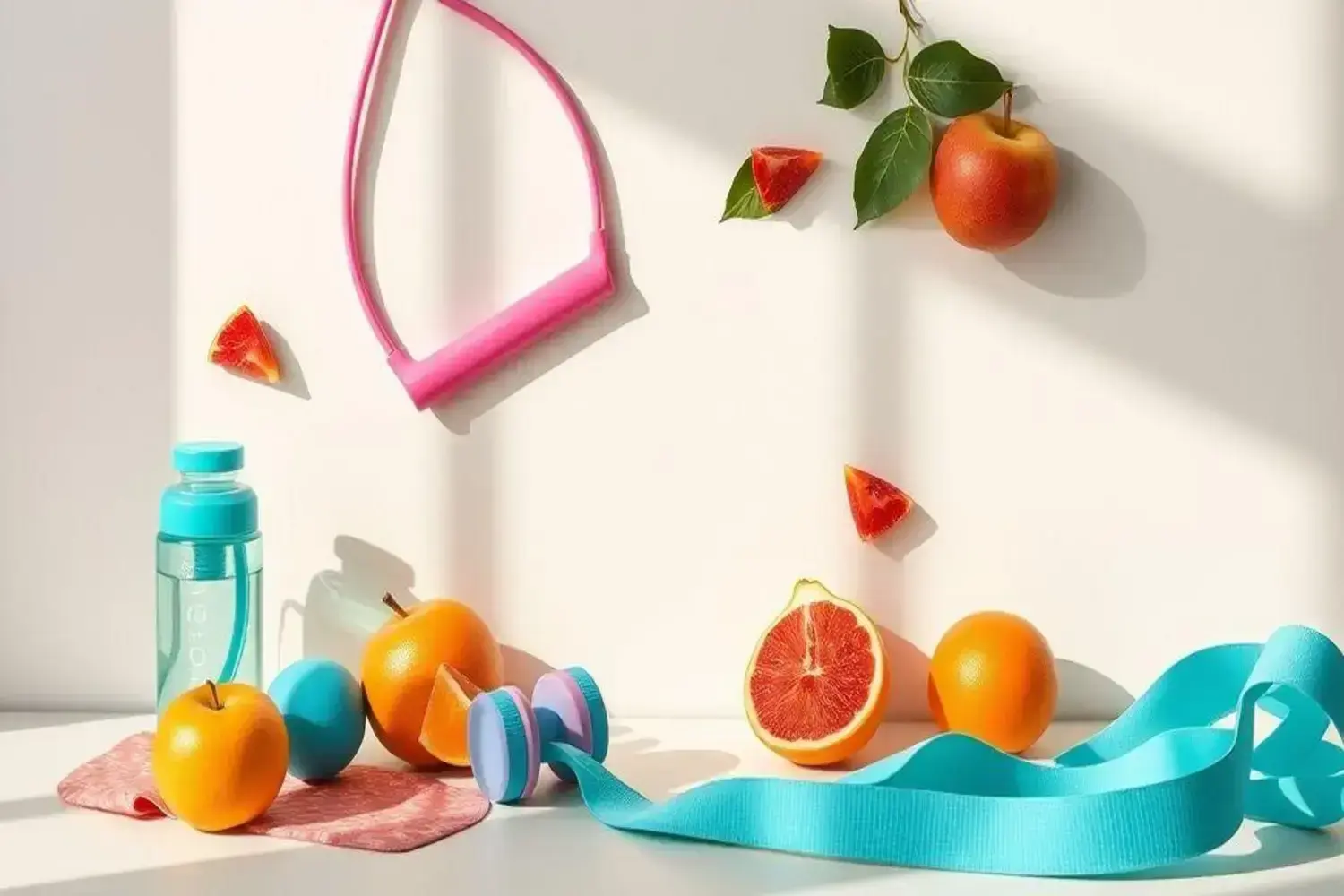 Mesa con ejercicios para mantenerse en forma blanca con frutas coloridas, como naranjas y una toronja, junto a una botella de agua azul y pesas lilas. Incluye una cinta de ejercicio azul claro.
