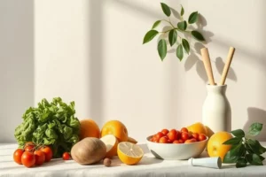 Mesa blanca con lechuga verde rizada, tomates rojos, limones amarillos y una olla blanca llena de más tomates, simbolizando la importancia de mejorar la postura a través de una alimentación saludable.