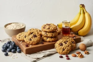 Galletas veganas doradas con trozos de chocolate, acompañadas de plátanos amarillos, avena y un tarro de miel sobre una tabla de madera.
