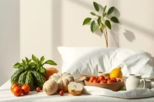 Variada selección de frutas y verduras frescas sobre una cama deshecha, con tomates rojos, calabaza, una pera y hojas verdes, buscando mejorar el sueño.