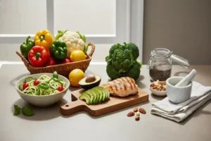 Una colorida cesta de vegetales con pimientos rojos, amarillos y verdes, junto a un plato de espaguetis de calabacín con tomates cherry. Recetas low carb.