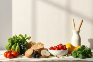 Mesa iluminada con vegetales frescos, incluidas lechugas verdes, tomates rojos brillantes y sandías, ingredientes ideales para aprender como ganar masa muscular rápido.