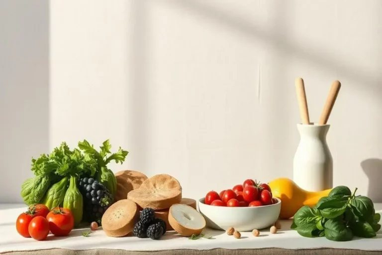 Mesa iluminada con vegetales frescos, incluidas lechugas verdes, tomates rojos brillantes y sandías, ingredientes ideales para aprender como ganar masa muscular rápido.