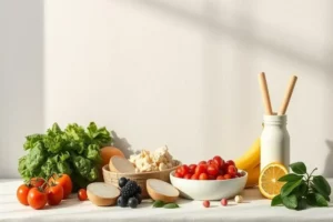 Mesa blanca con lechuga verde, tomates rojos brillantes, rodajas de pan, una canasta de frutas, un plátano amarillo y un frasco blanco, todo iluminado suavemente, cuantas calorias debo quemar para baj