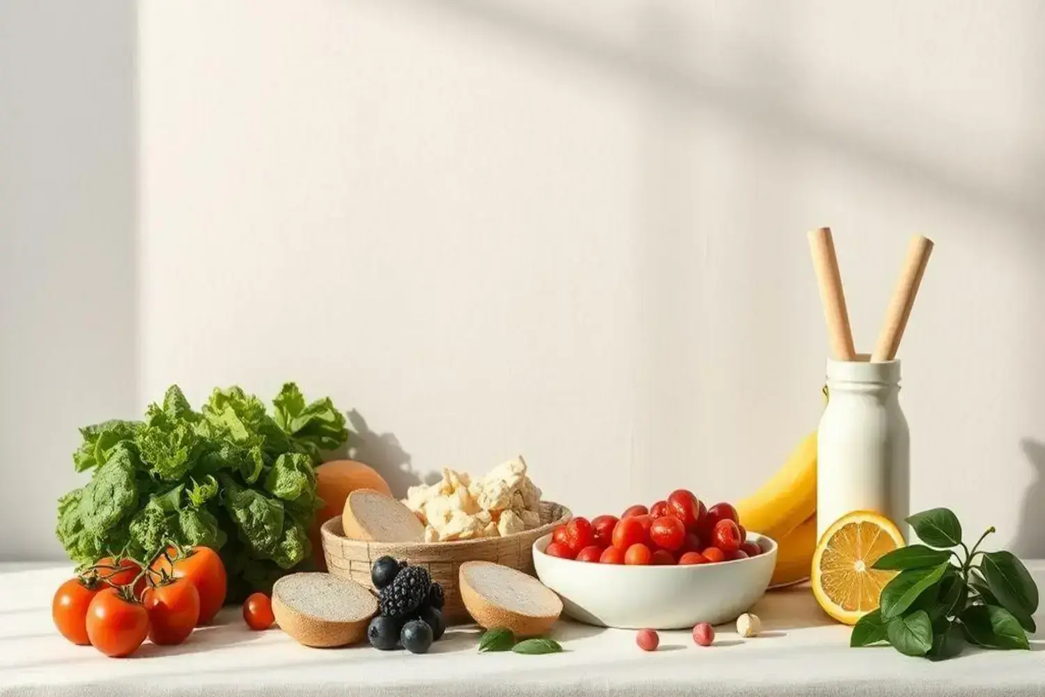 Cuantas calorias debo quemar para bajar de peso con ejemplos y consejos clave 1 Mesa blanca con lechuga verde, tomates rojos brillantes, rodajas de pan, una canasta de frutas, un plátano amarillo y un frasco blanco, todo iluminado suavemente, cuantas calorias debo quemar para baj