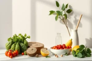 Conjunto de verduras frescas como lechuga verde rizada, tomates rojos y limón amarillo, rodeados de hierbas; todo dispuesto sobre una mesa clara, evocando ejercicio para el cerebro.