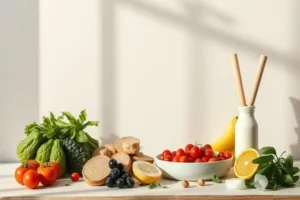 Mesa con vegetales frescos como lechuga verde, tomates rojos, un cuenco con cerezas y una botella blanca, representando un estilo de vida saludable y ejercicio después de los 40