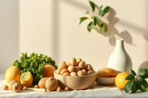 Tazón de madera lleno de palomitas saludables, rodeado de limones amarillos, vegetales verdes y nueces, sobre fondo claro y suave.