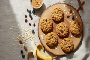 Seis con galleta de avena vegana galletas de avena vegana doradas sobre una tabla de madera, con plátano, almendras y arándanos dispersos en un mantel claro.