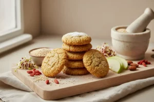 Galletas con galleta de quinua de quinua apiladas sobre una tabla de madera, con trozos de manzana verde, almendras y brotes. Un tazón con quinua y un mortero de piedra al fondo.