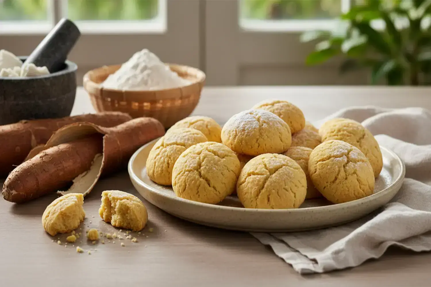 Plato con galleta de yuca con varias galletas de yuca doradas colocadas sobre una servilleta clara, junto a batatas y un bowl con harina blanca.
