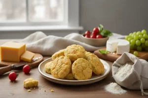 Galletas de queso doradas apiladas en un plato blanco, con queso cheddar amarillo, tomates cherry rojos y uvas verdes alrededor.