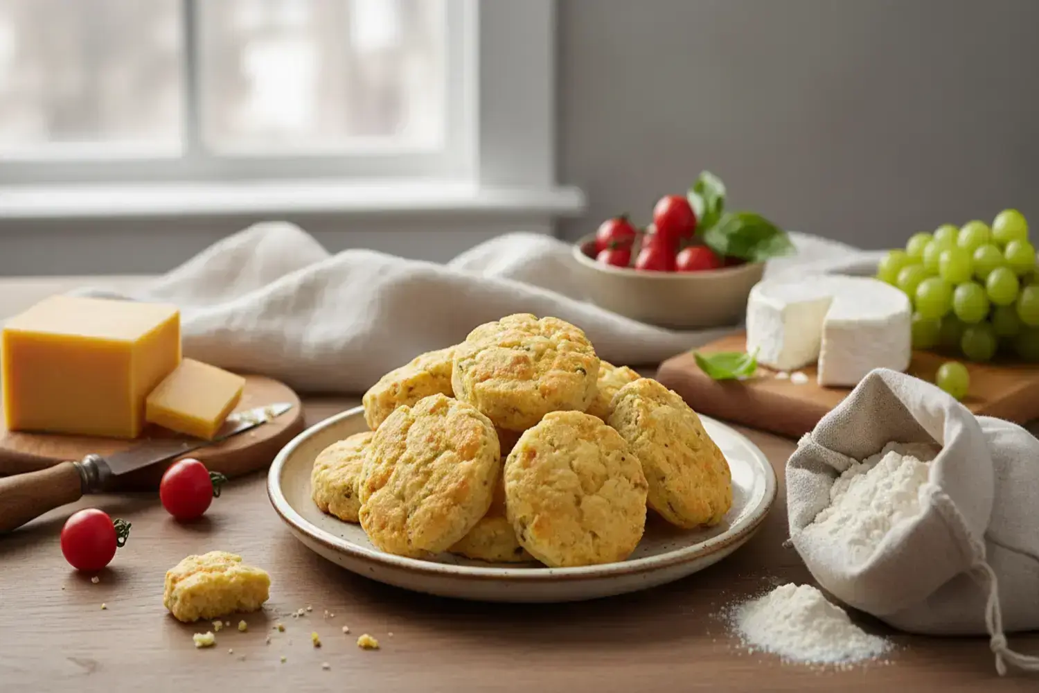 Galletas de queso crujientes: receta base, variantes keto y sin gluten 1 Galletas de queso doradas apiladas en un plato blanco, con queso cheddar amarillo, tomates cherry rojos y uvas verdes alrededor.