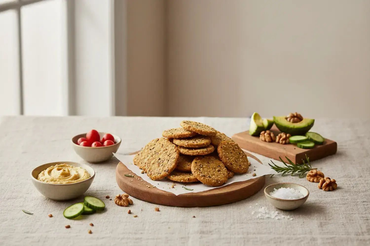 Galletas saladas saludables: ideas, ingredientes clave y opciones integrales 1 Galletas saladas saludables apiladas sobre una tabla circular de madera, acompañadas de hummus cremoso, tomate cherry y rodajas de pepino fresco.