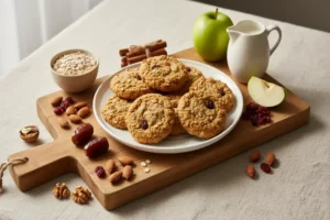 Un plato blanco con galletas saludables de avena y arándanos, rodeado de almendras, nueces y un bol con avena. Fruta verde y jarra de leche también presentes.