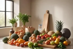 Variedad de frutas y verduras frescas en un gimnasio en casa, con colores vibrantes como verde, amarillo y rojo, sobre una superficie clara.