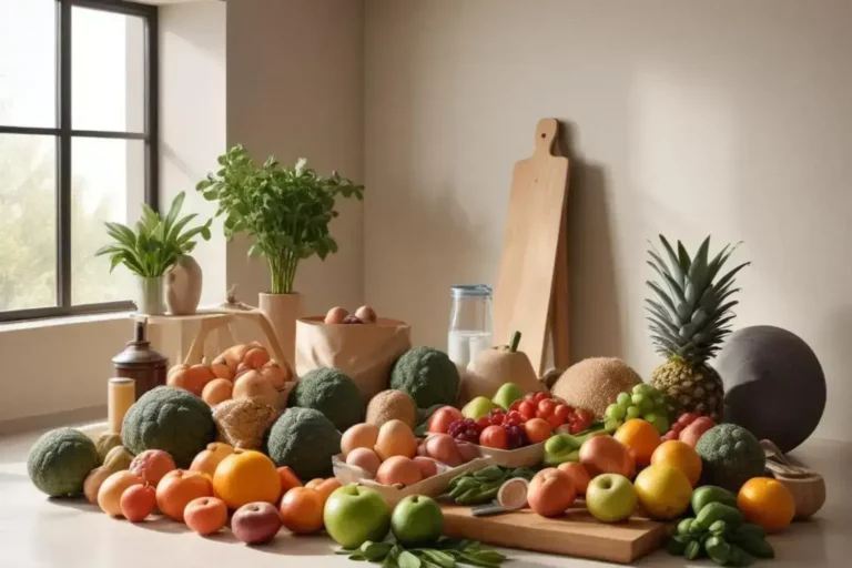 Variedad de frutas y verduras frescas en un gimnasio en casa, con colores vibrantes como verde, amarillo y rojo, sobre una superficie clara.