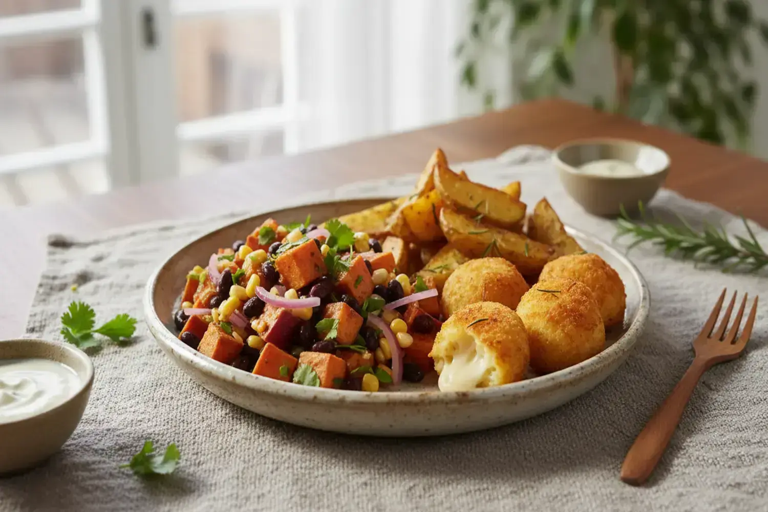 Plato hondo con ensalada de camote, trozos naranjas de camote, maíz amarillo, frijoles negros y cebolla morada. Acompañado de papas doradas y croquetas doradas.