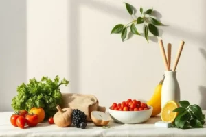 Varias frutas y verduras frescas en una mesa clara; lechuga verde, tomates rojos, un plátano amarillo, y un limón cortado, simbolizando hábitos para bajar de peso.