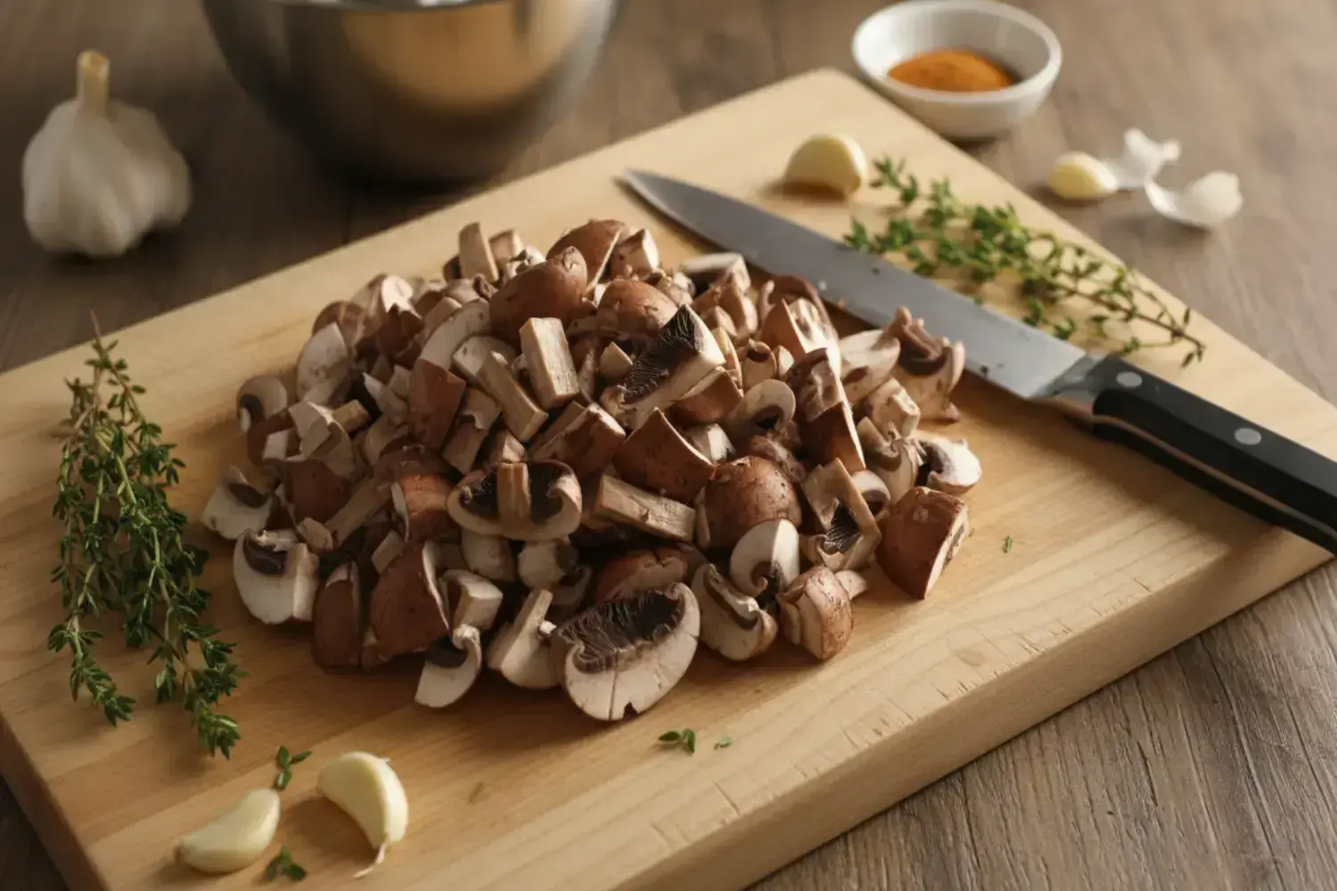 Montón con hamburguesa de champiñones de champiñones frescos, cortados en trozos variados y colocados sobre una tabla de madera clara, cerca de ajo y tomillo.