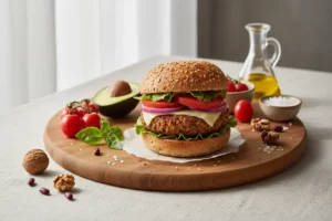 Hamburguesa de soja sobre un plato de madera con semillas de sésamo, acompañada de tomates cherry rojos, lechuga fresca, rodajas de cebolla morada y aguacate.