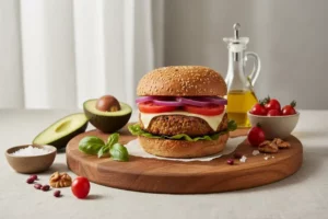 Hamburguesa de soja con pan de sésamo, carne vegetal dorada, rodajas de tomate y cebolla morada, acompañada de aguacate y cerezas frescas.
