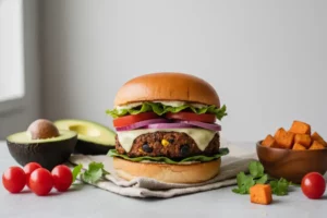 Hamburguesa de vegetales con pan suave, lechuga fresca, rodajas de tomate y cebolla morada, acompañada de un aguacate partido y tomates cherry rojos.