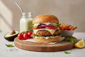 Hamburguesa vegana sobre una tabla de madera, con pan de sésamo, lechuga fresca, tomate rojo, cebolla morada y salsa blanca, acompañada de papas fritas y rodajas de limón.