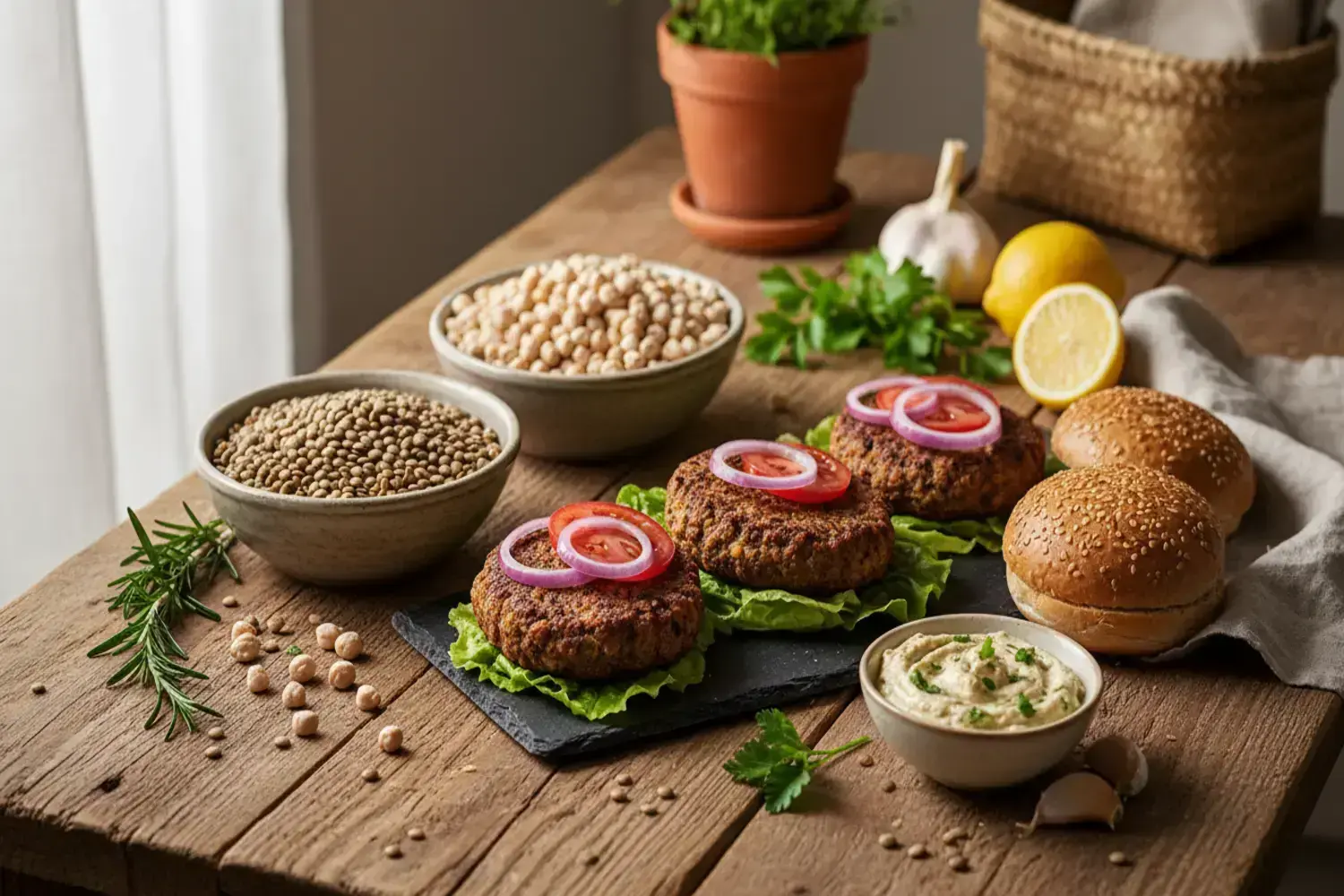 Tres con hamburguesa vegana hamburguesas veganas en lechuga verde, con rodajas de tomate y cebolla roja, sobre una pizarra negra. Frascos de lentejas y garbanzos se encuentran al fondo.