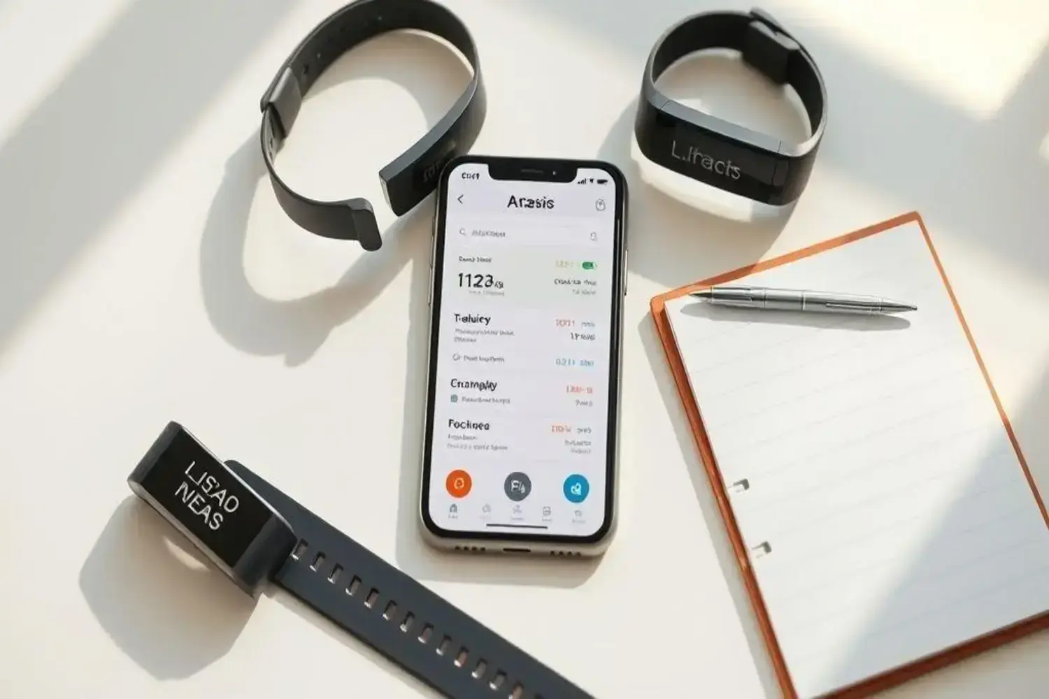 Estadísticas de salud en teléfono móvil: cuantas calorias debo quemar para bajar de peso y lograr un Teléfono móvil negro mostrando estadísticas de salud, rodeado de pulseras negras y una libreta con un bolígrafo, sobre una mesa clara, idea de cuantas calorias debo quemar para bajar de peso.