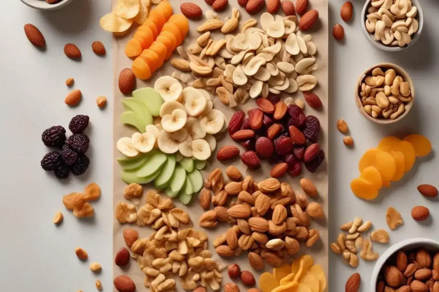 Mesa con variedad de snacks saludables, incluyendo rodajas naranja, plátano y manzana verde, junto a almendras, nueces y arándanos oscuros.