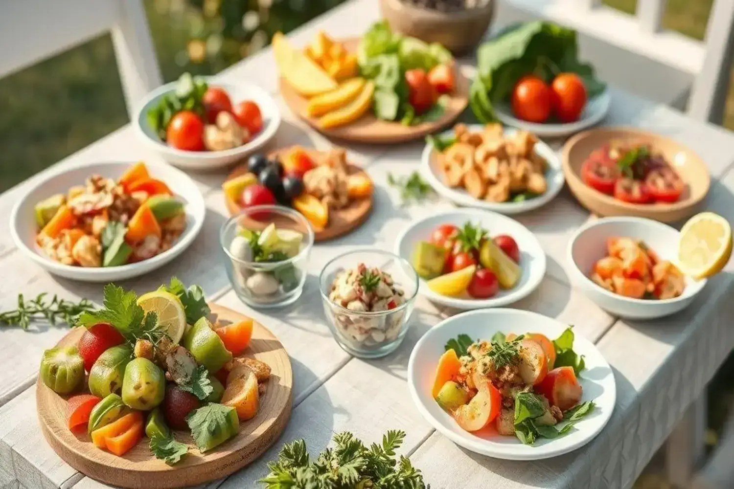 Mesa al aire libre con variedad de aperitivos vegetarianos coloridos en platos blancos y de madera, incluyendo tomates cherry, pimientos y ensaladas, todo decorado con hojas frescas.