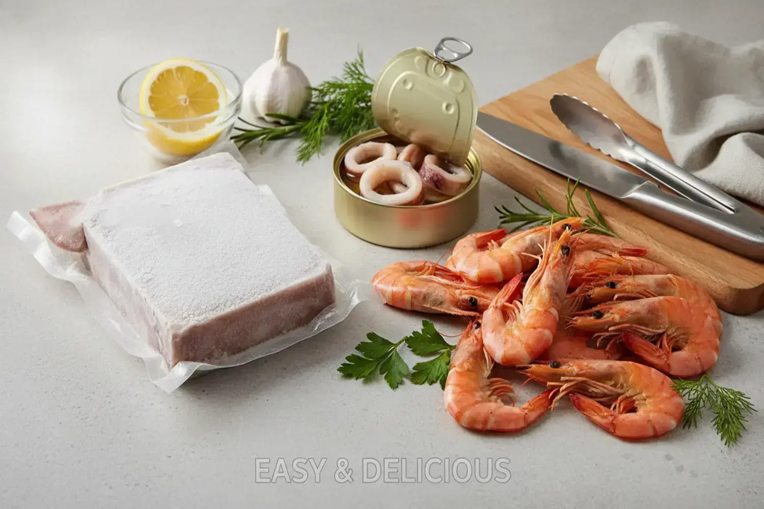 Ingredientes para recetas con calamar: gambas naranjas frescas, un paquete de calamar congelado, limón amarillo y ajo en un fondo claro.