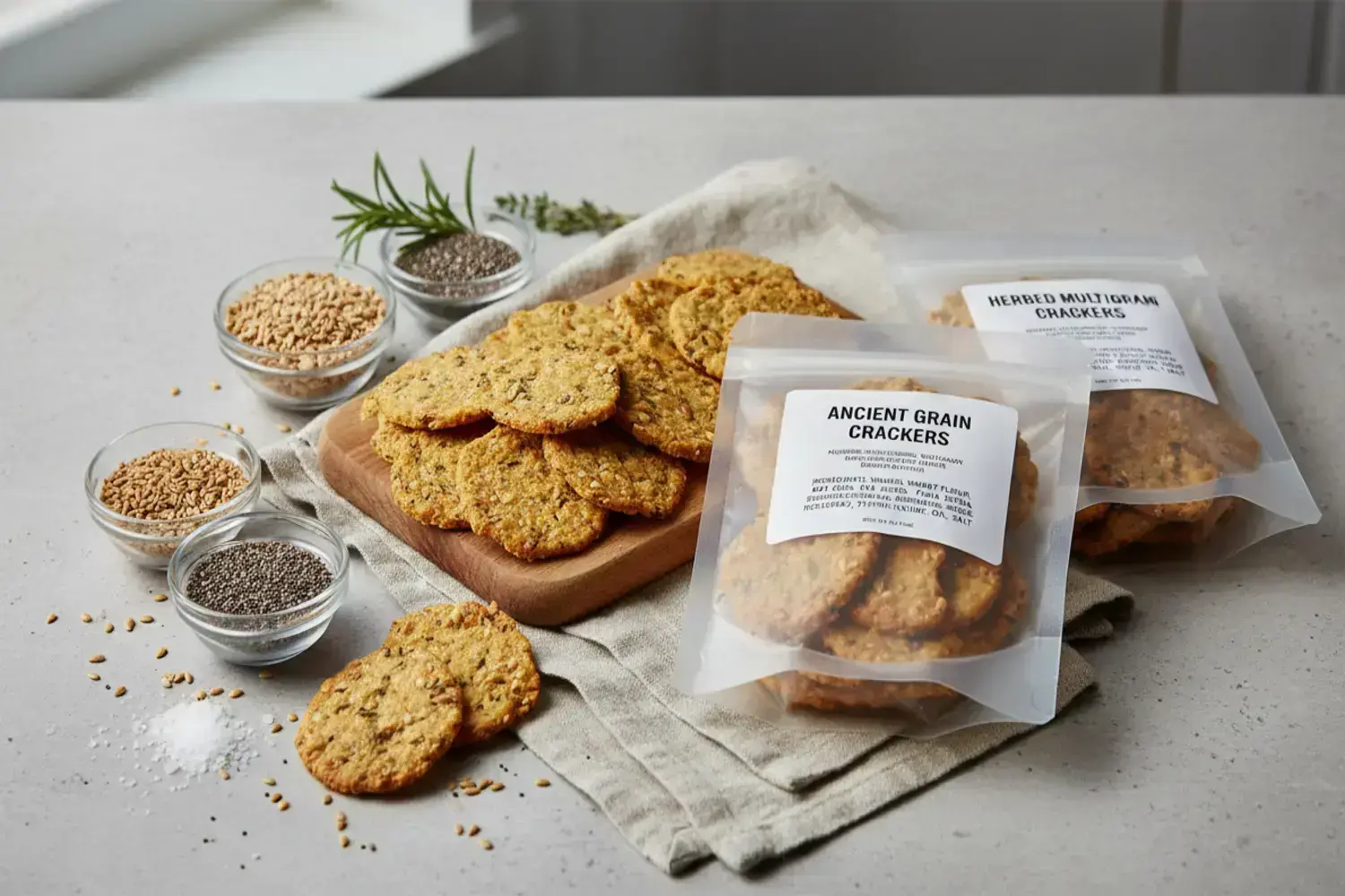 Deliciosas galletas saladas saludables acompañadas de semillas y hierbas aromáticas Galletas saladas saludables de color dorado sobre una tabla de madera, rodeadas de semillas y hierbas frescas en recipientes de vidrio.