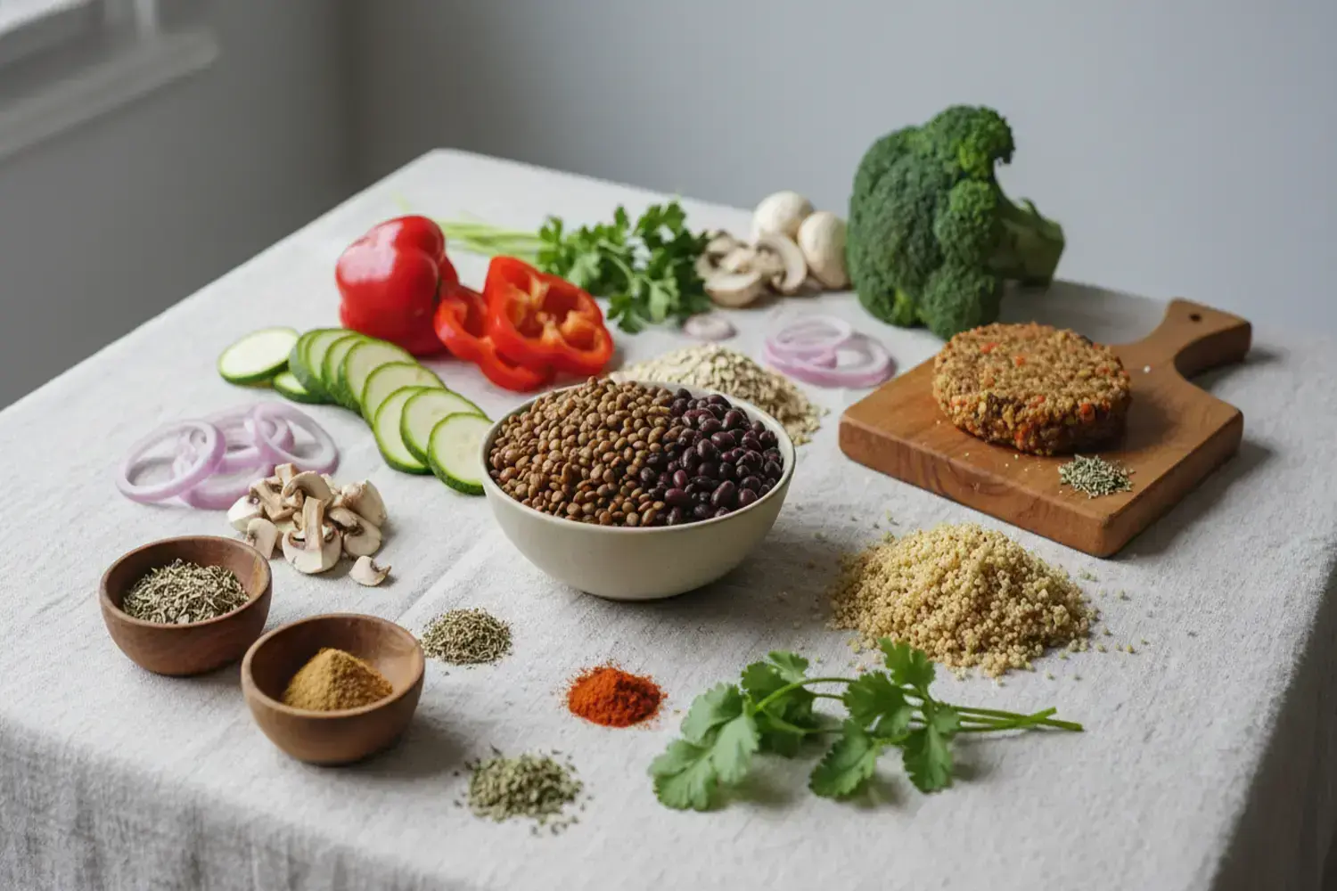 Mesa con ingredientes frescos para hamburguesa de vegetales, incluyendo lentejas, pimientos rojos, champiñones, y rodajas de pepino sobre un mantel claro.