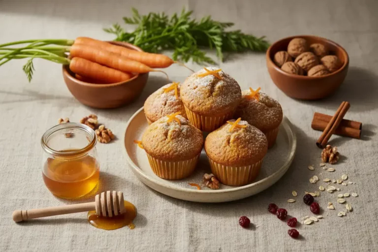 Seis magdalenas de zanahoria decoradas con tiras de cáscara de naranja, en un plato beige con un fondo de tela gris claro.
