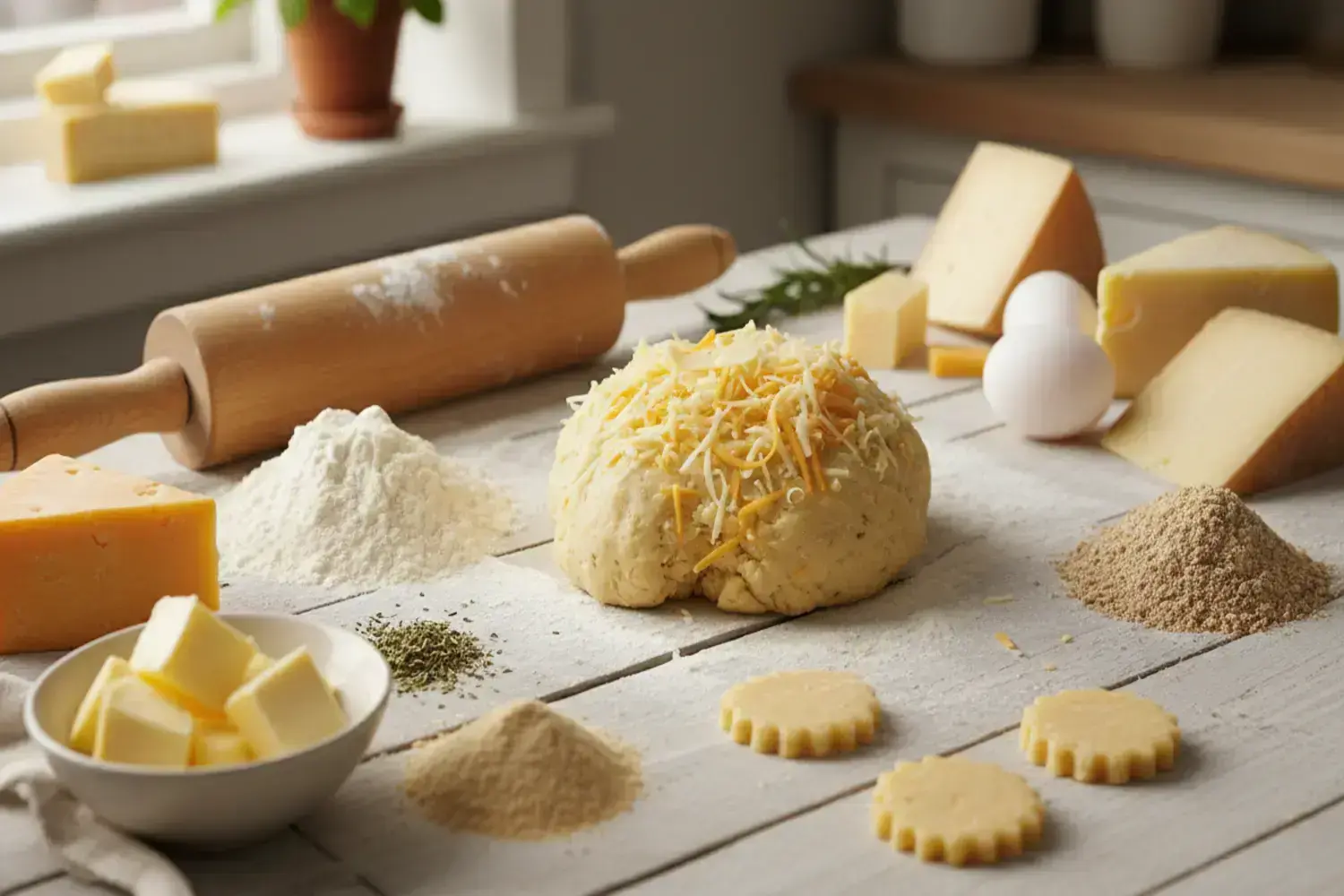 Preparación de galletas de queso con masa amarilla y ingredientes frescos sobre una mesa de madera Mesa de madera clara con masa amarilla para galletas de queso cubierta de queso rallado, rodeada de ingredientes como harina, mantequilla, y trozos de queso.