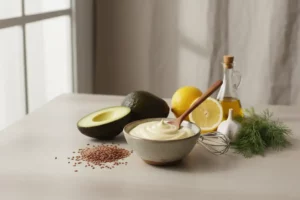 Tazón de cerámica con mayonesa vegana cremosa, cucharón de madera, aguacates, limones, ajo y semillas sobre una mesa clara.