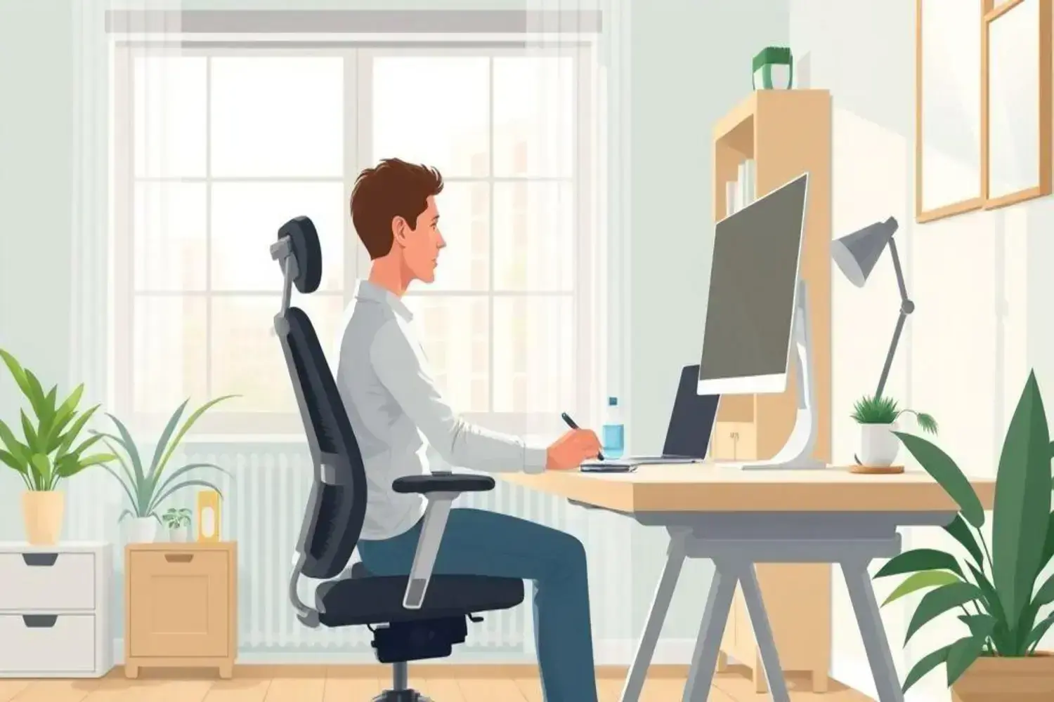 Hombre sentado en una silla ergonómica negra, escribiendo en una libreta, rodeado de plantas verdes, con luz natural entrando por la ventana. La escena refleja un ambiente propicio para mejorar la pos