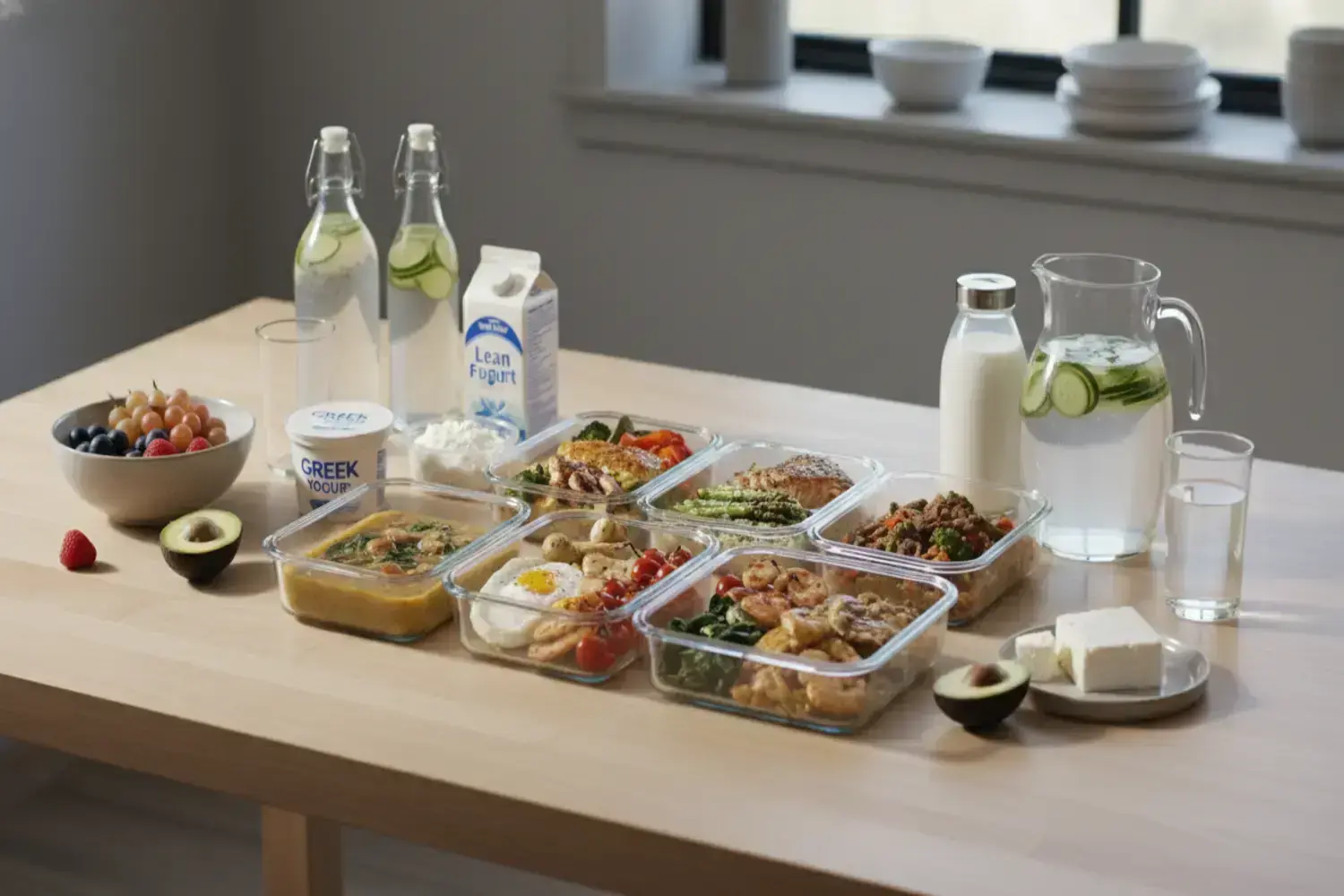 Mesa con dieta dukan recetas fase ataque de madera clara con varios recipientes de vidrio llenos de platos coloridos de dieta Dukan, incluyendo mariscos, verduras y huevos, rodeados de agua con rodaja