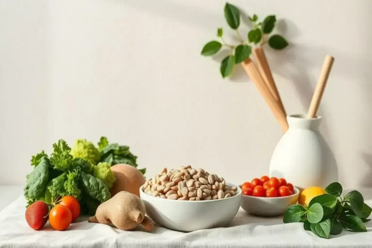 Tazón blanco con frijoles junto a fresas rojas, tomates amarillos, y hojas verdes frescas, ideal para dieta dukan.