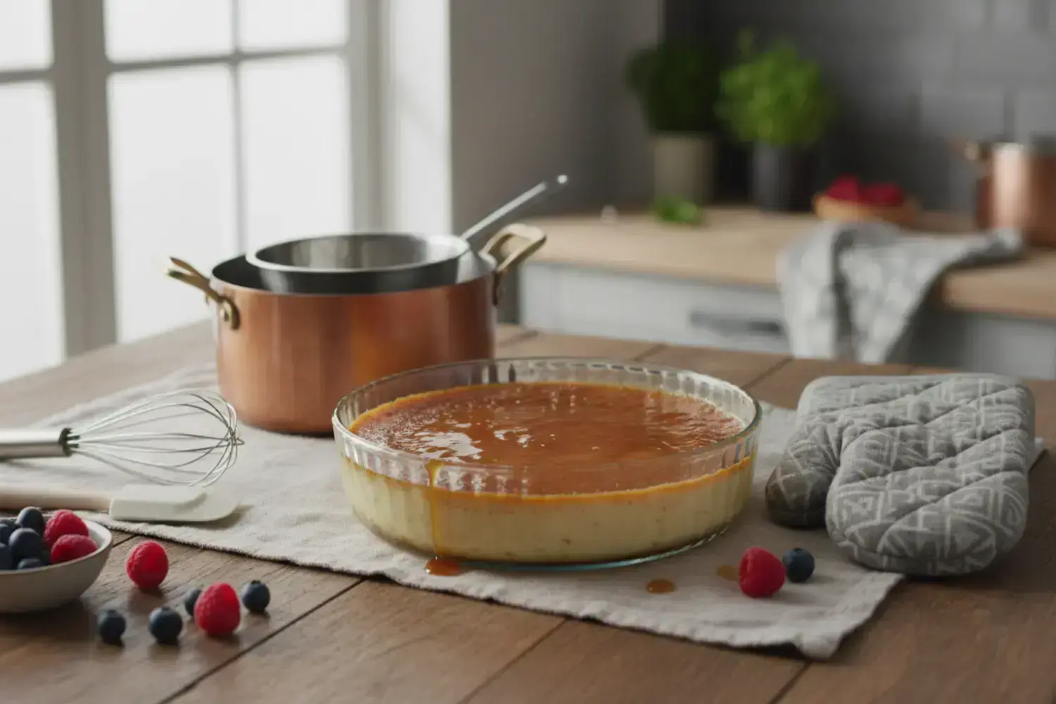 Tazón de flan de yogur de suave textura amarilla con caramelo brillante, rodeado de frambuesas y arándanos, en una mesa de madera clara.