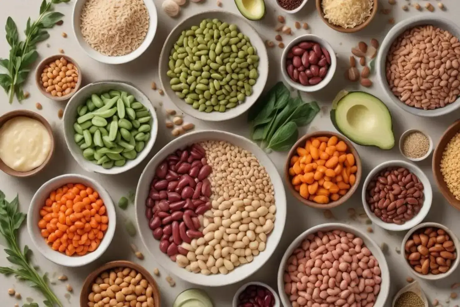 Variedad de legumbres y granos en cuencos, incluyendo frijoles rojos, verdes y amarillos, junto a un aguacate y hojas verdes. Habitos que engordan.